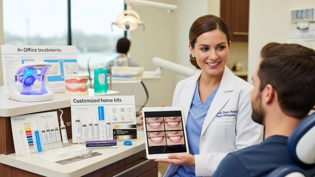 A dentist showcasing professional options for the best teeth whitening for smokers, including in-office treatments and custom home kits.