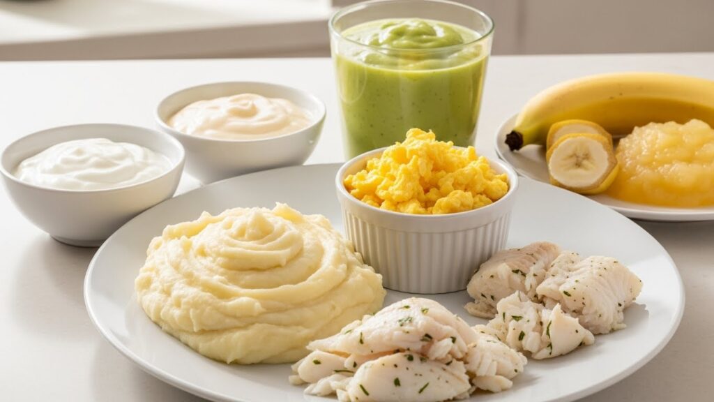 Soft, safe foods to eat while avoiding tough or hard items after a dental crown: mashed potatoes, scrambled eggs, cooked fish, yogurt, and a smoothie.