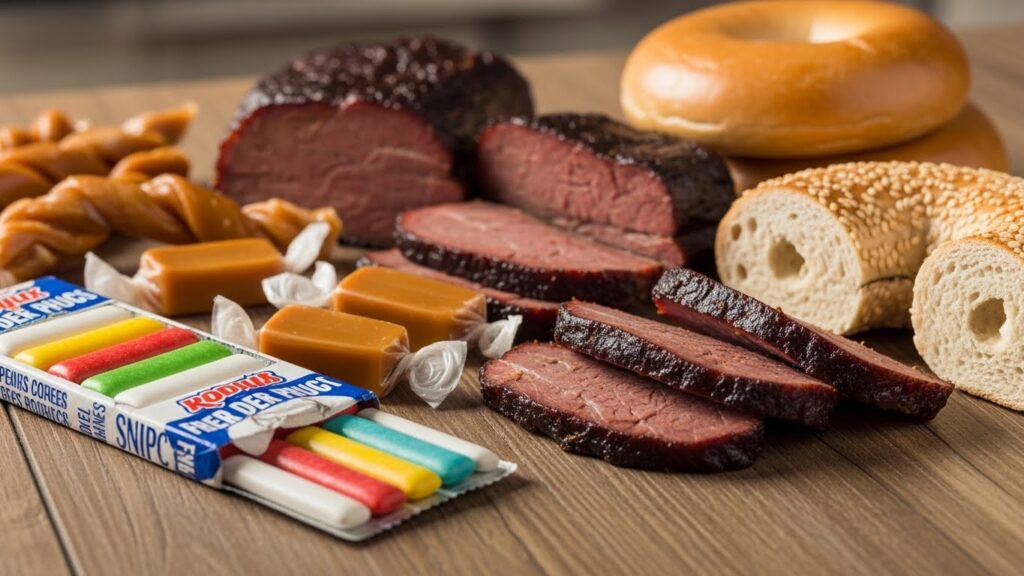 A display of sticky and chewy foods to avoid after a dental crown: ice, nuts, raw corn, jerky, caramels, and bagels.