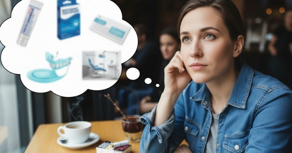 A woman with coffee and cigarettes considers the Best Teeth Whitening for Smokers, comparing at-home strips and professional office visits.