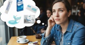 A woman with coffee and cigarettes considers the Best Teeth Whitening for Smokers, comparing at-home strips and professional office visits.