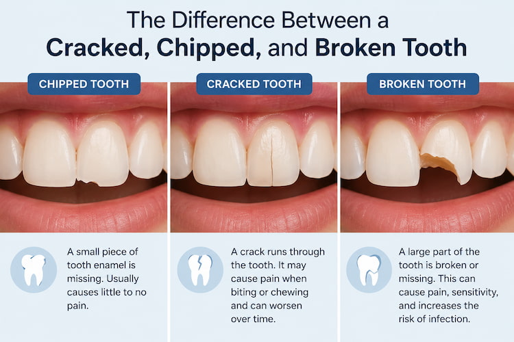 a photo showing the difference between a cracked, chipped and broken tooth