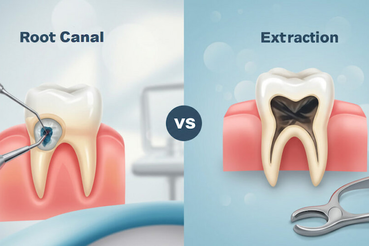 a photo showing the difference between root canal and tooth extraction to treat tooth abscess