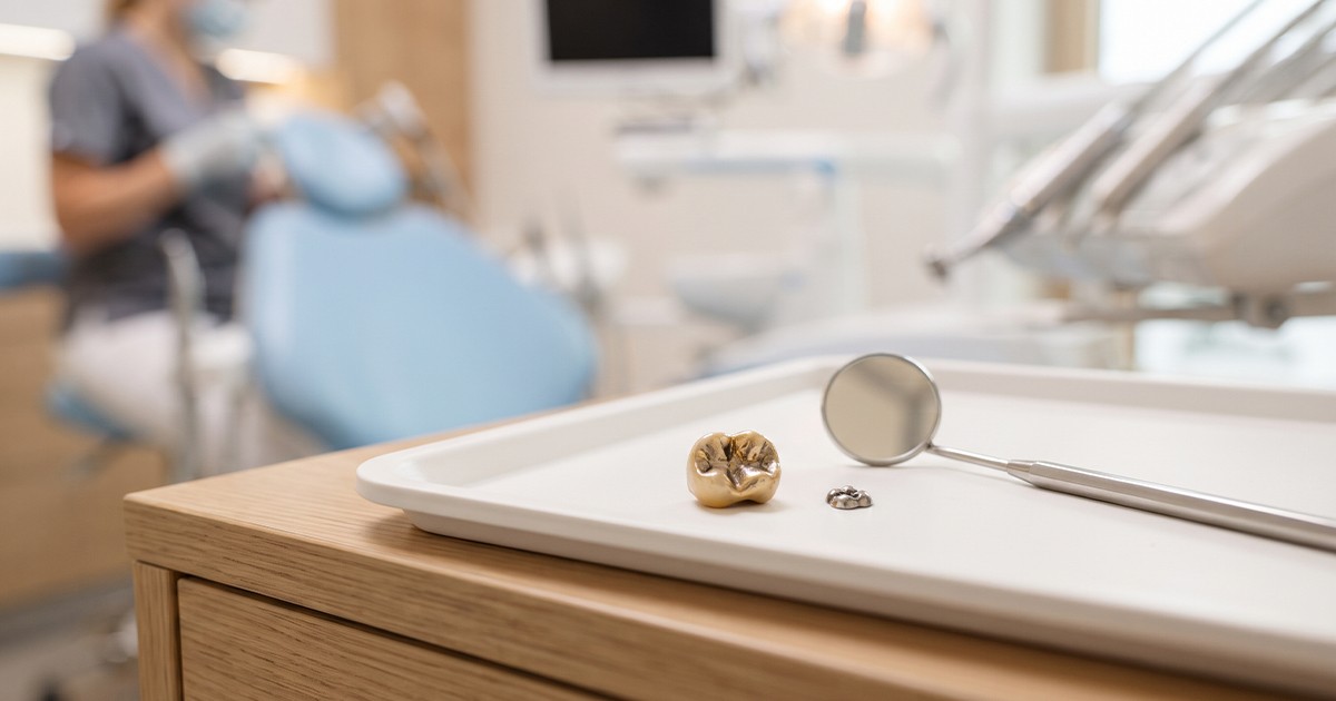 a lost crown and a lost filling on a dental clinic table