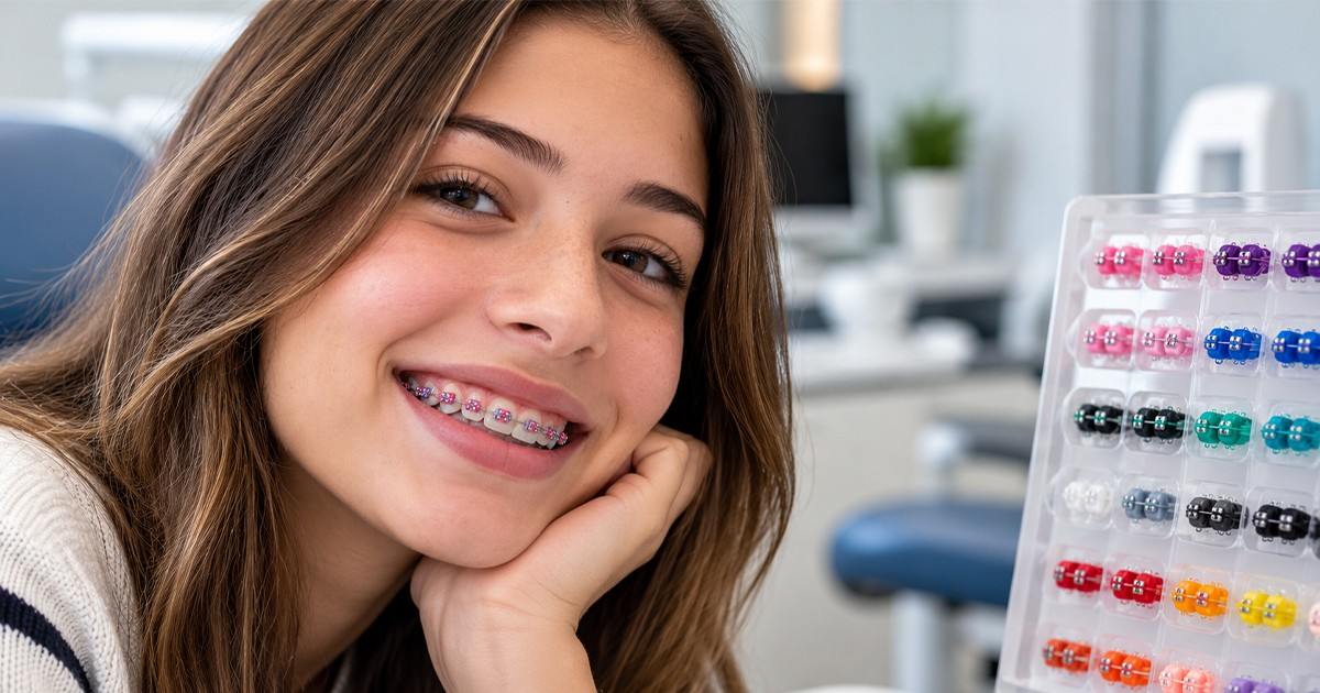 Smiling girl with colorful braces beside a shade chart, showcasing the best braces colors for girls.