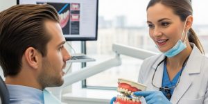 a professional dentist explaining dental veneers vs bonding