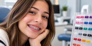 Smiling girl with colorful braces beside a shade chart, showcasing the best braces colors for girls.