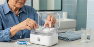 Elderly woman applying the best denture cleaner options by adding an effervescent cleaning tablet and her upper denture to an ultrasonic cleaning machine.