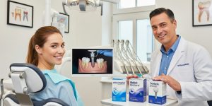 A dentist presents top dental implant brands (Straumann, Nobel Biocare, Dentsply Sirona) to a smiling patient, with a 3D implant animation on screen.