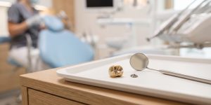 a lost crown and a lost filling on a dental clinic table