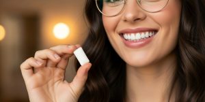 Close-up of a happy woman with bright white teeth and glasses holding a piece of the best teeth whitening gum.